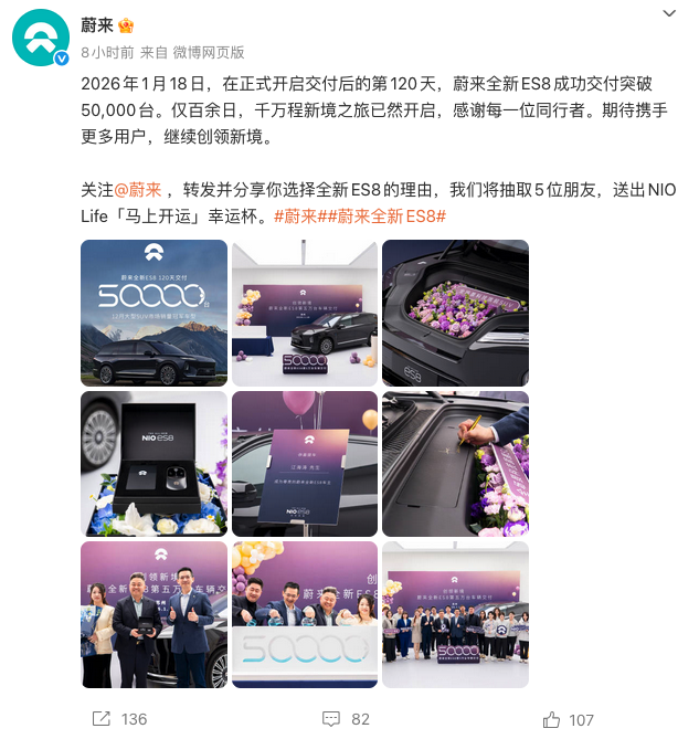 蔚来全新ES8交付120天破5万台 900V架构引领高端纯电SUV市场